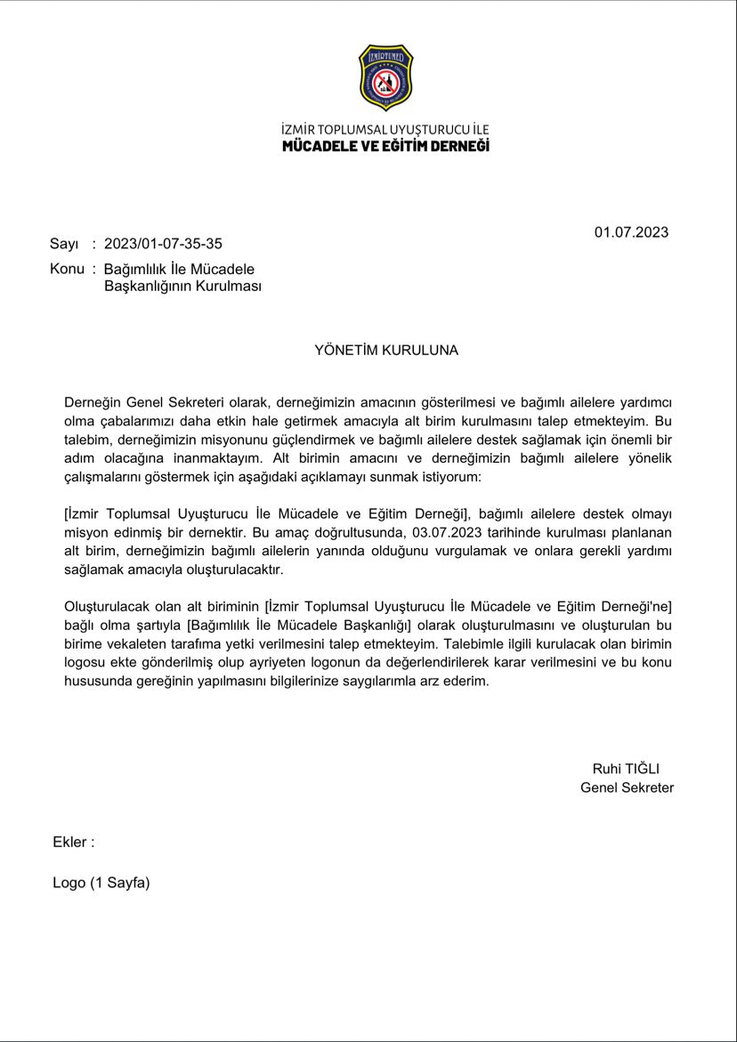 Genel Sekreterimiz Sayın Ruhi TIĞLI'nın Yönetim kuruluna gönderdiği 2023/01-07-35-35 sayılı yazısı.
