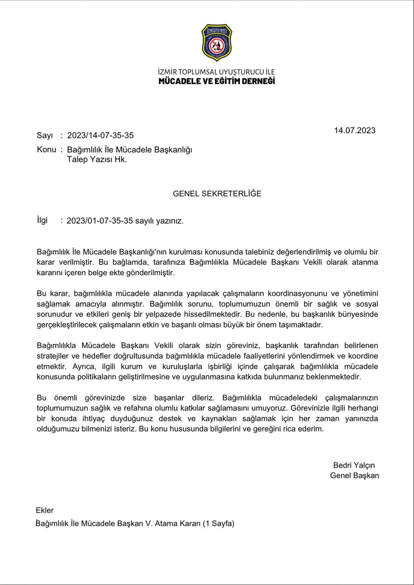 Genel Sekreterimiz Sayın Ruhi TIĞLI'nın Bağımlılık İle Mücadele Başkanlığı'nın kurulması ile ilişkin talebini içeren 2023/14-07-35-35 sayılı kararımız.