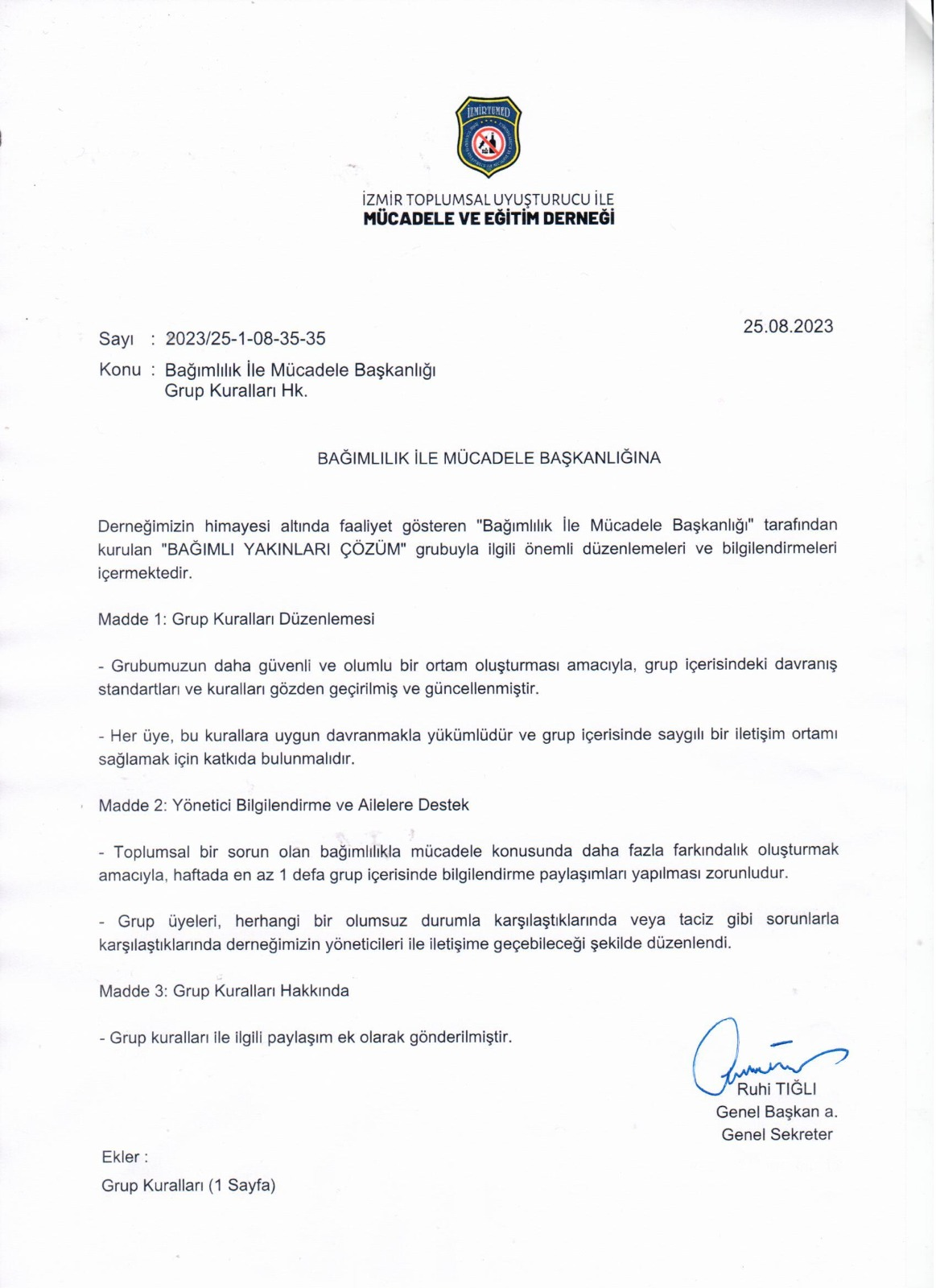 Bağımlılık İle Mücadele Başkanlığı'nın 2023/25-1-08-35-35 sayılı yazısı.