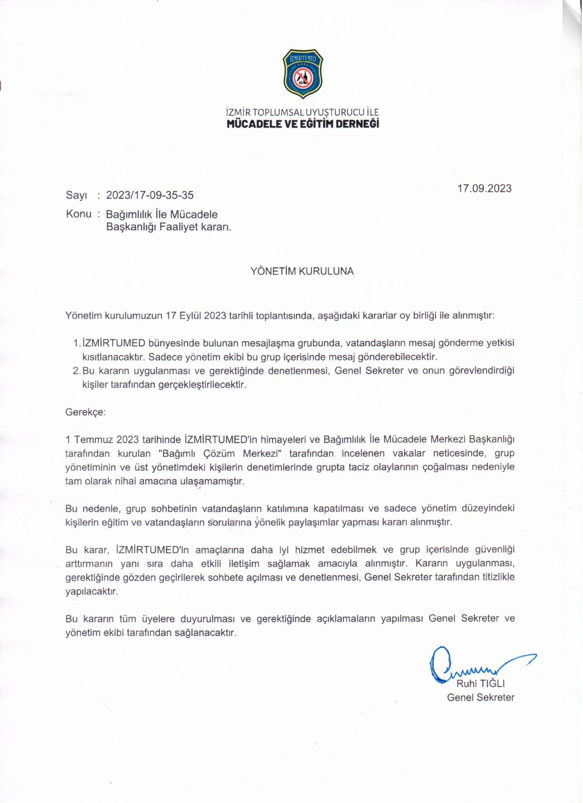 Bağımlılık İle Mücadele Başkanlığı’nın 2023/17-09-35-35 sayılı yazısı.