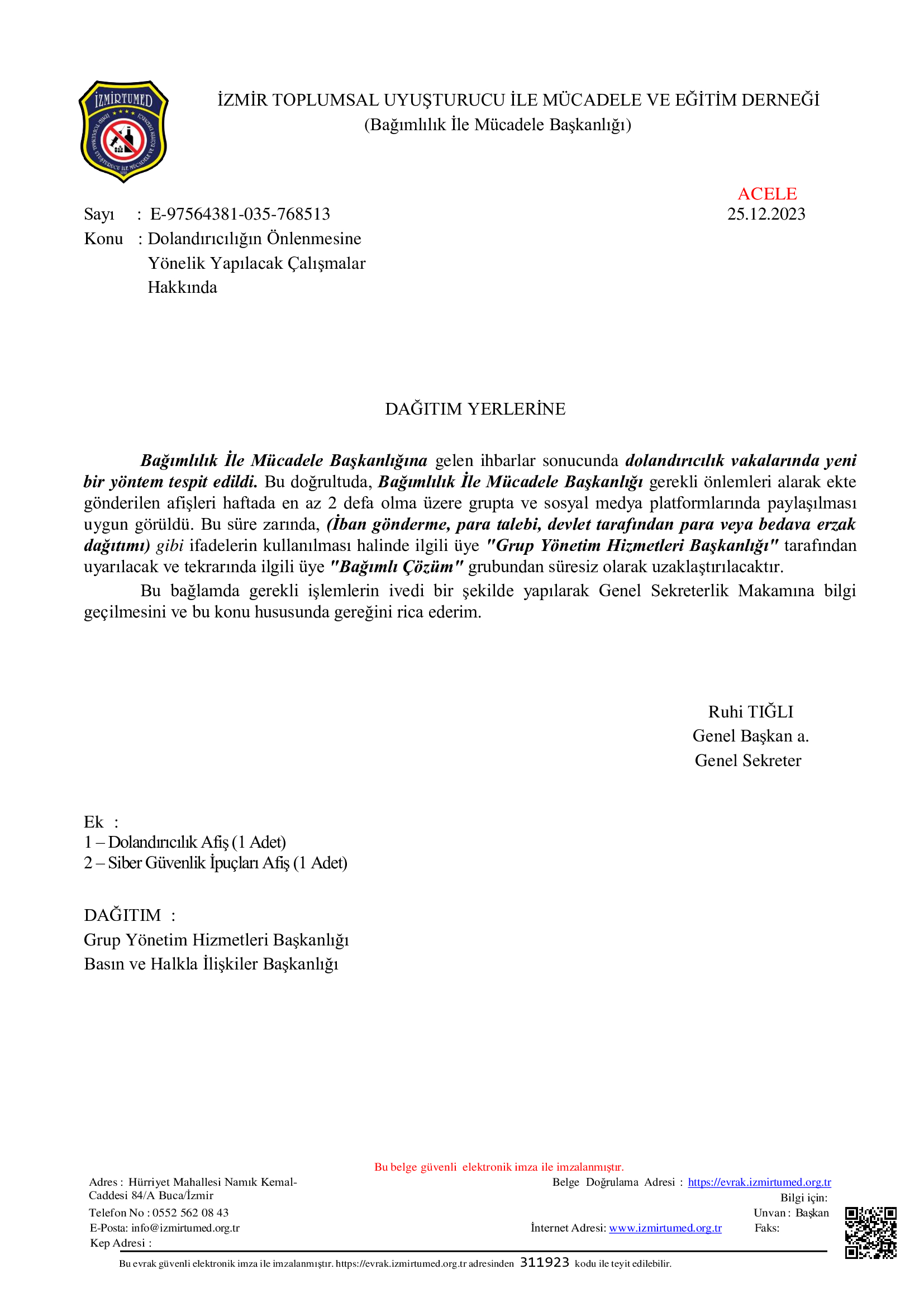 Bağımlılık İle Mücadele Başkanlığı'nın 25.12.2023 Tarihli ve E-97564381-035-768513 Sayılı yazısı.