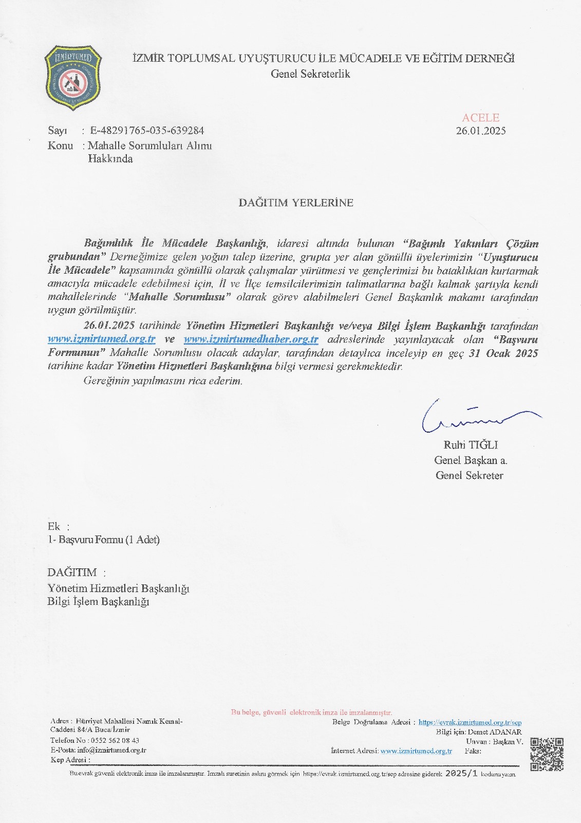 Genel Sekreterliğin 26.01.2025 tarihli ve E-48291765-035-639284 sayılı yazısı.