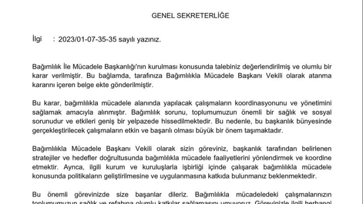 Genel Sekreterimiz Sayın Ruhi TIĞLI’nın Bağımlılık İle Mücadele Başkanlığı’nın kurulması ile ilişkin talebini içeren 2023/14-07-35-35 sayılı kararımız.